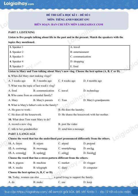 Đề thi giữa kì 1 Tiếng Anh 9 Right on! - Đề số 1